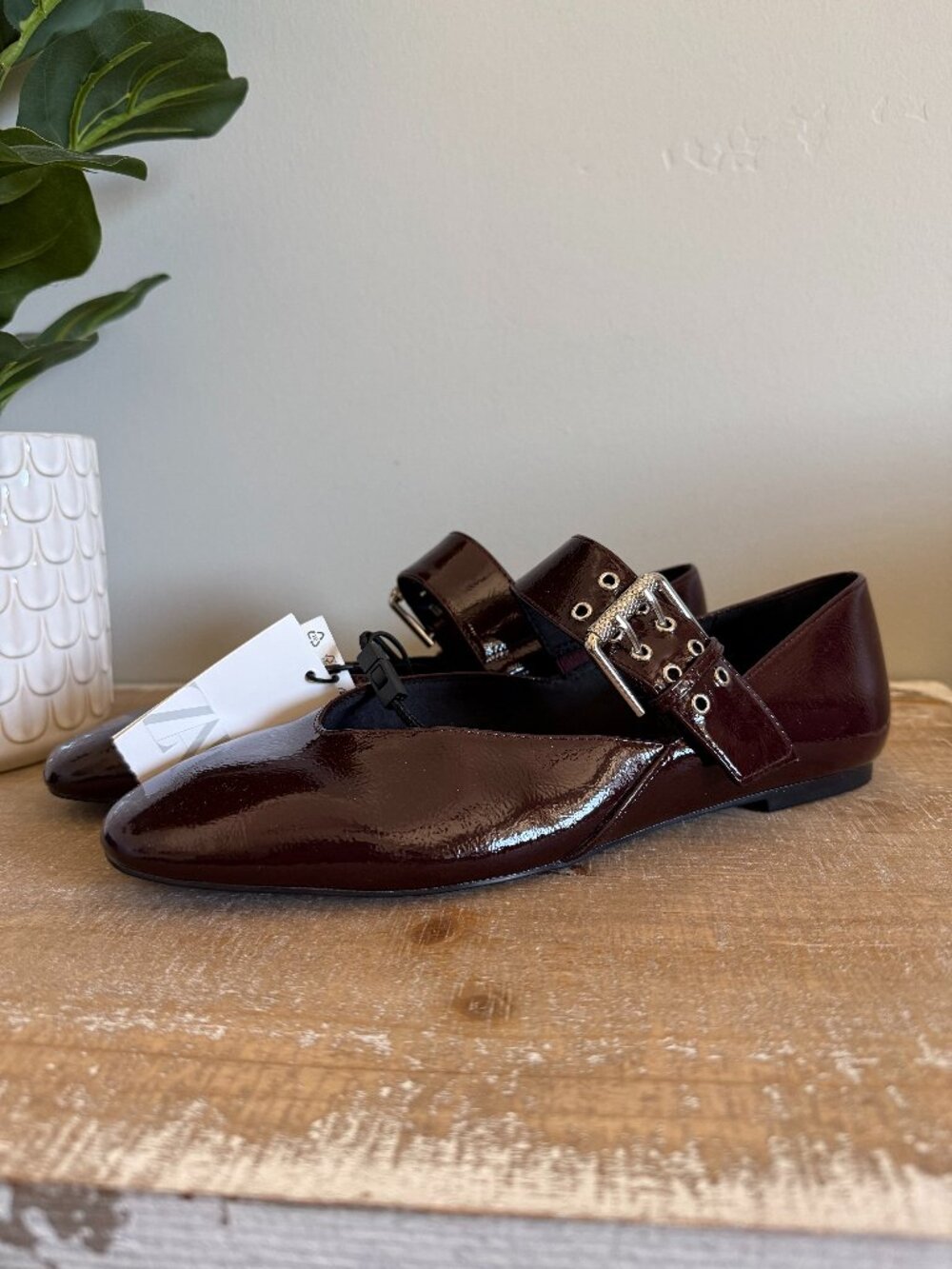 Zara Burgundy Patent Leather Buckle Flats